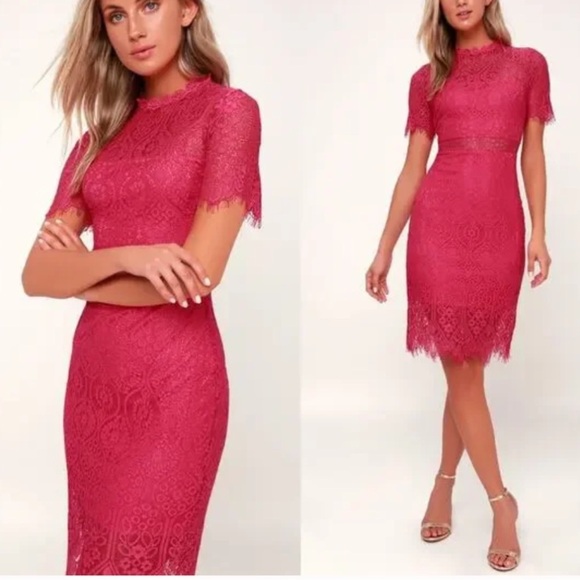 Lulus Women XS Fuchsia Lace High Neck Remarkable Short Sleeve Sheath Dress - Picture 2 of 12